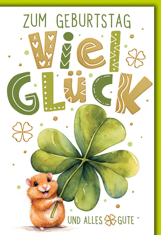 Geburtstagskarte Kinder – Hamster mit Kleeblatt und verspieltem Glücksdesign
