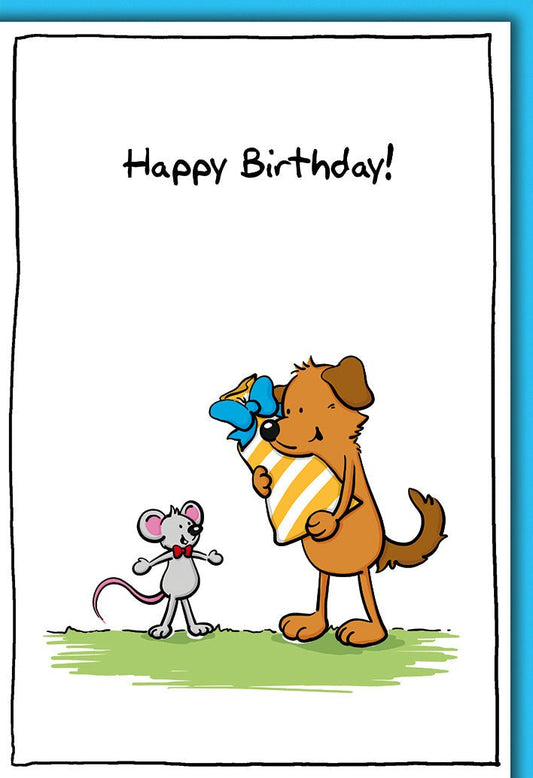 Geburtstagskarte Kinder – Hund mit Geschenk und Maus in fröhlichem Cartoon - Stil