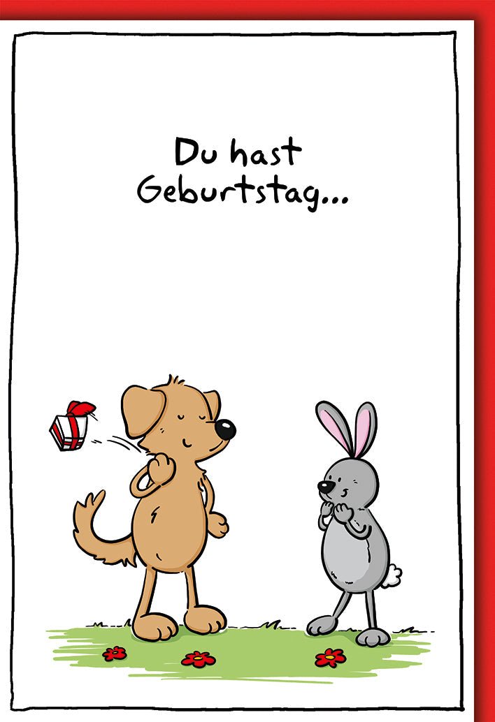 Geburtstagskarte Kinder – Hund und Hase mit Geschenk in fröhlichem Cartoon - Stil