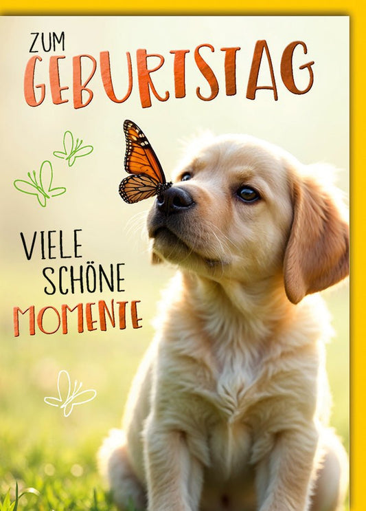 Geburtstagskarte Kinder – Labradorwelpe mit Schmetterling und fröhlichem Design
