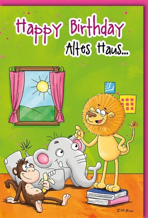 Geburtstagskarte Tiere – Löwe, Affe und Elefant mit lustigem Schlafmotiv und Spruch