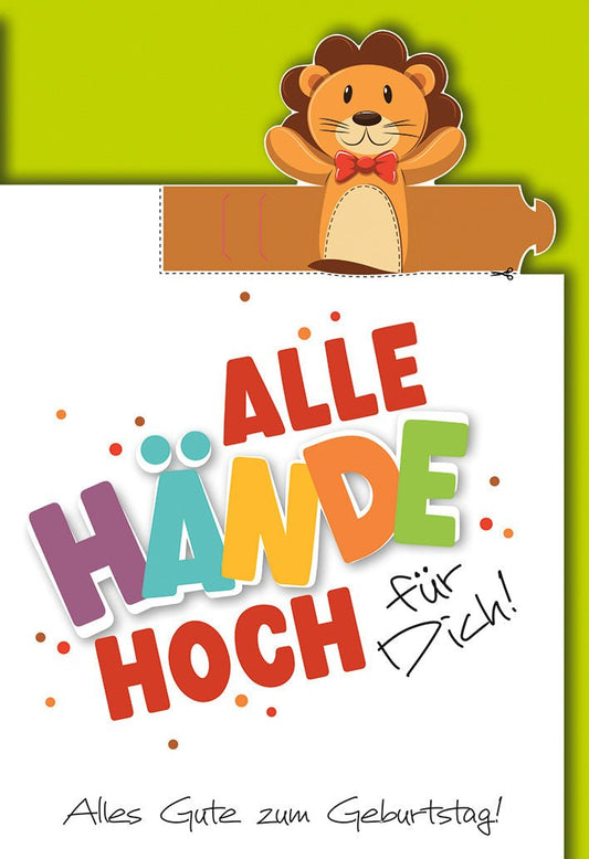 Geburtstagskarte Kinder – Löwe mit buntem Schriftzug und fröhlichem Design