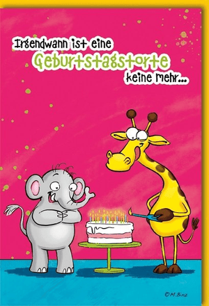 Geburtstagskarte Tiere – Lustige Giraffe und Elefant mit brennendem Kuchen