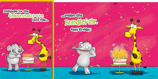Geburtstagskarte Kinder – Lustige Giraffe und Elefant mit brennendem Kuchen