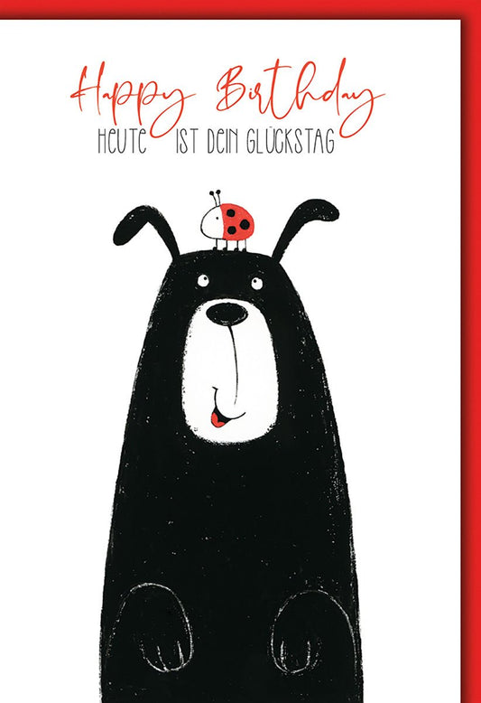 Geburtstagskarte Kinder – Lustiger Bär mit Marienkäfer und rotem Rand