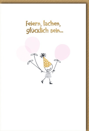 Geburtstagskarte Frauen – Strichmännchen mit Luftballons und Partyhut in fröhlichem Design