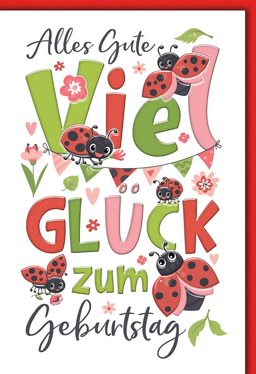 Geburtstagskarte Kinder – Marienkäfer mit bunten Buchstaben und Blumenmuster