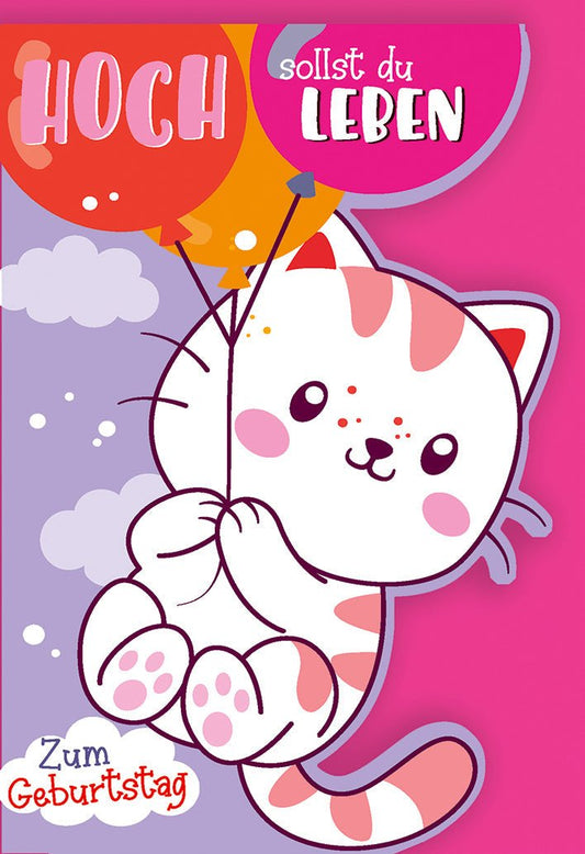 Geburtstagskarte Kinder – Niedliche Katze mit Ballons und fröhlichem Spruch