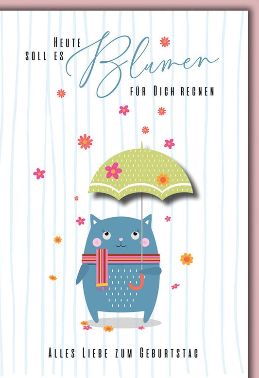 Geburtstagskarte Kinder – Niedliche Katze mit Regenschirm und Blumenregen - Design