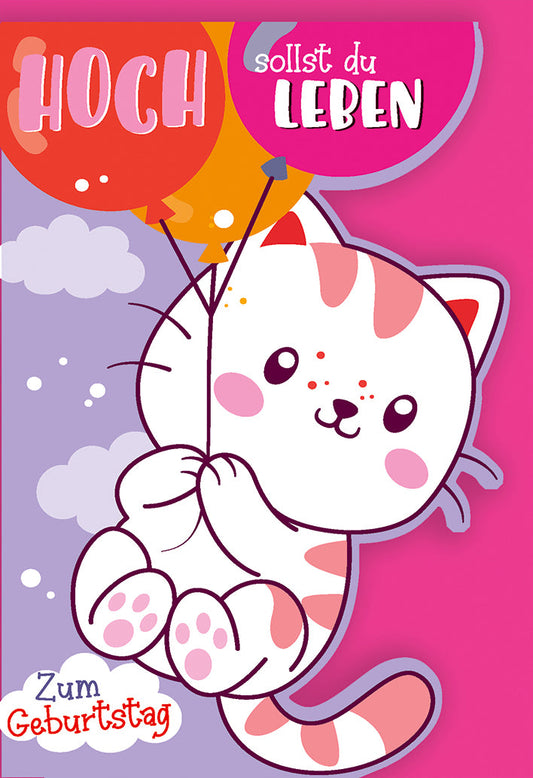 Geburtstagskarte Kinder – Niedliche Katze mit Ballons und fröhlichem Spruch