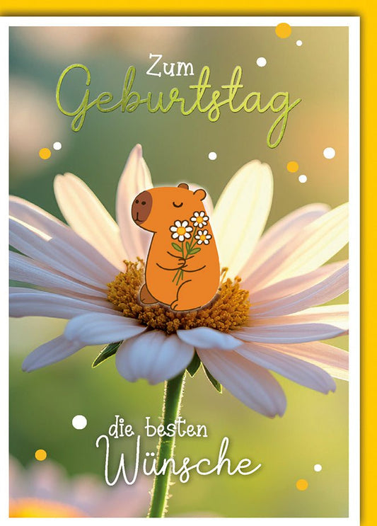 Geburtstagskarte Kinder – Niedlicher Bär auf Blume mit fröhlichen Farben und Punkten