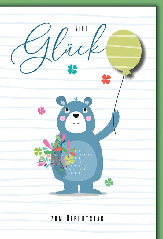Geburtstagskarte Kinder – Niedlicher Bär mit Ballon und Blumenstrauß in Pastellfarben