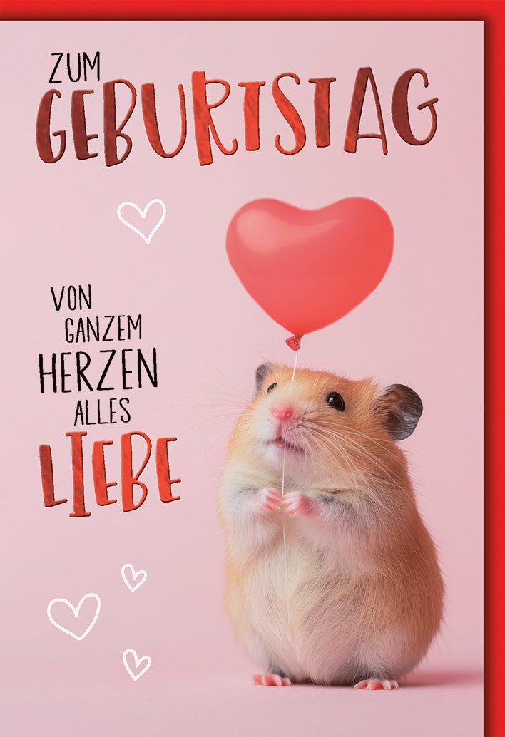 Geburtstagskarte Kinder – Niedlicher Hamster mit Herzballon und verspieltem Design