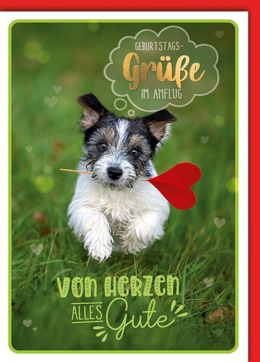Geburtstagskarte Kinder – Niedlicher Hund mit Herz im Maul und verspieltem Design