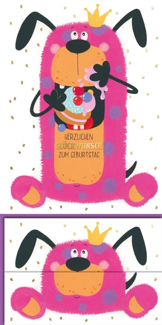 Geburtstagskarte Kinder – Pinker Hund mit Krone und buntem Eis in lustigem Design
