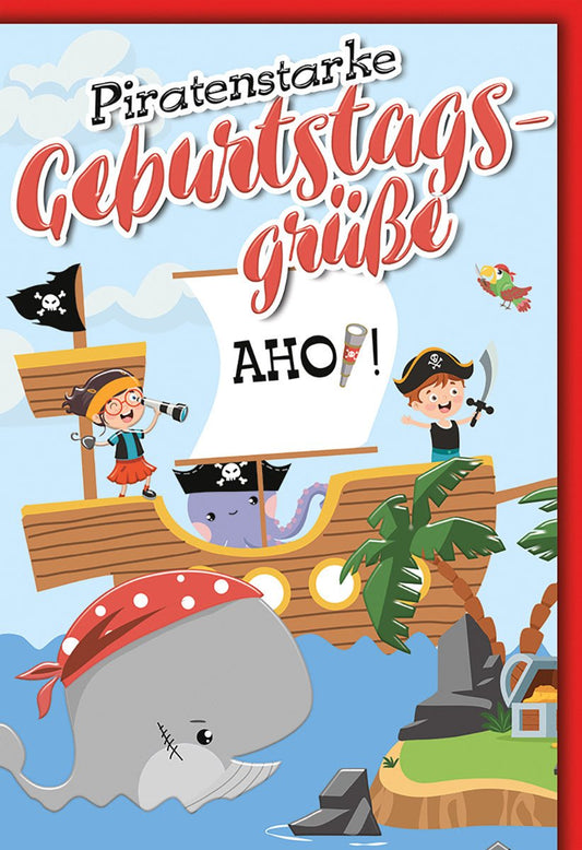 Geburtstagskarte Kinder – Piratenschiff mit Wal und fröhlichen Piraten - Illustrationen
