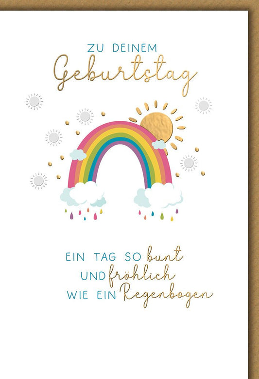 Geburtstagskarte Kinder – Regenbogen mit Sonne und fröhlichem Spruch in Pastellfarben