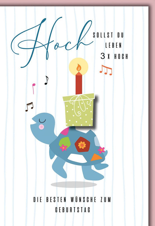 Geburtstagskarte Kinder – Schildkröte mit Kerze und Musiknoten in fröhlichen Farben
