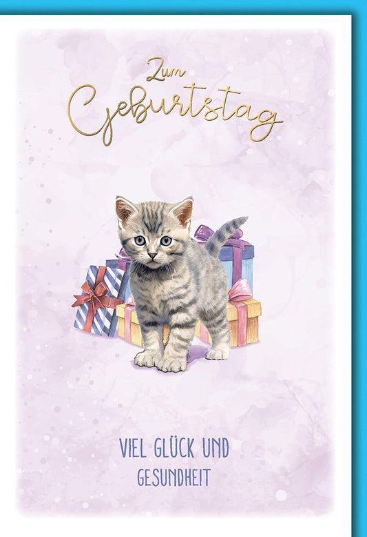 Geburtstagskarte Kinder – Niedliches Kätzchen mit Geschenken und Aquarell-Design