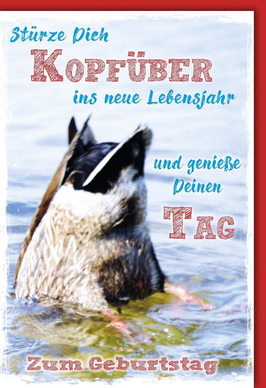 Geburtstagskarte - "Kopfüber ins neue Jahr" - Spaß am Meer mit Hund, ideal für Jubiläen & Feste