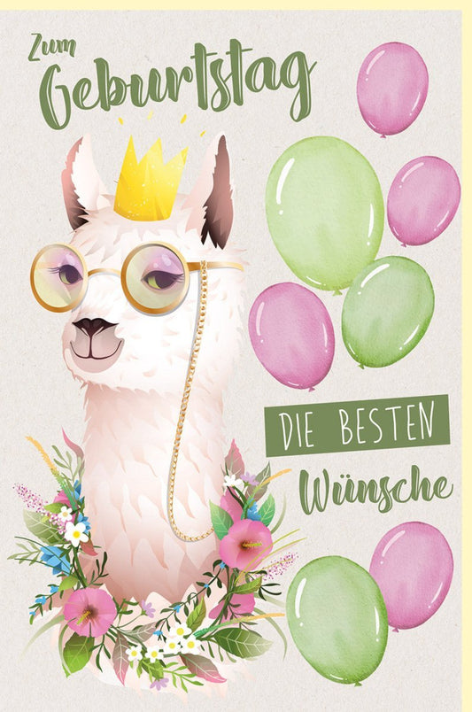Geburtstagskarte Lama: Lustige Glückwünsche mit Krone, Brille & Blumen, Bunte Ballons für Kinder & Erwachsene, Rosa/Grün, Einzigartige Grüße