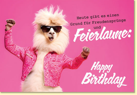 Geburtstagskarte Lama mit Sonnenbrille und pinker Jacke witzige Glückwunschkarte Geburtstag Feierstimmung Happy Birthday Doppelkarte