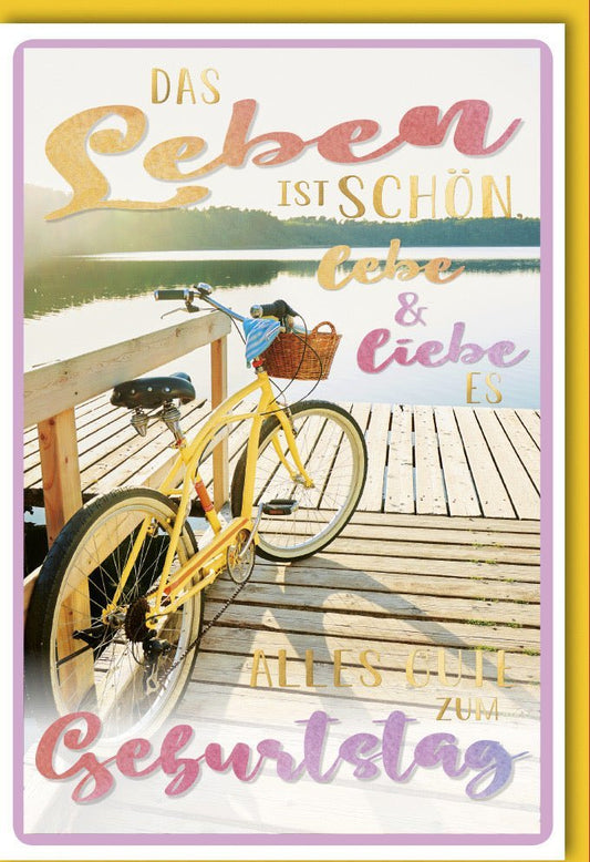 Geburtstagskarte - Lebensfreude am See, Fahrrad - Motiv im Vintage Stil, Farbenfroher Holzsteg, Optimistischer Gruß