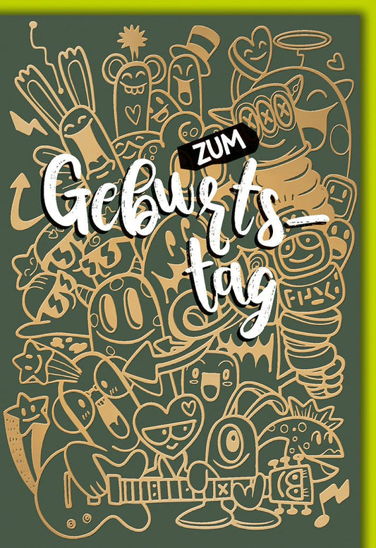 Geburtstagskarte Lustig – Bunte Cartoon - Monster mit verspieltem Graffiti - Stil