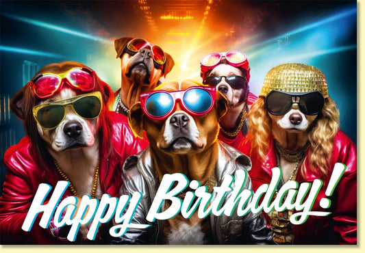 Geburtstagskarte lustig coole Hunde mit Sonnenbrillen und Lederjacken Party Stimmung witzige Doppelkarte für Geburtstagsgrüße