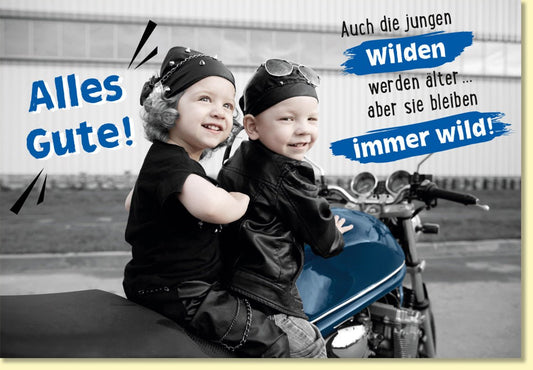 Geburtstagskarte lustig coole Kinder auf Motorrad witzige Sprüche Alles Gute für junge Wilde originelle Doppelkarte zum Geburtstag