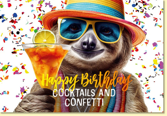 Geburtstagskarte lustig Faultier mit Cocktail und Konfetti bunte Partykarte Happy Birthday witzige Doppelkarte für Geburtstagsfeier