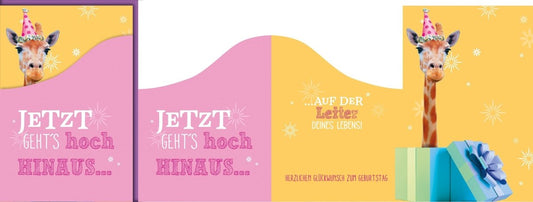 Geburtstagskarte Lustig – Giraffe mit Partyhut und Geschenken in buntem Design