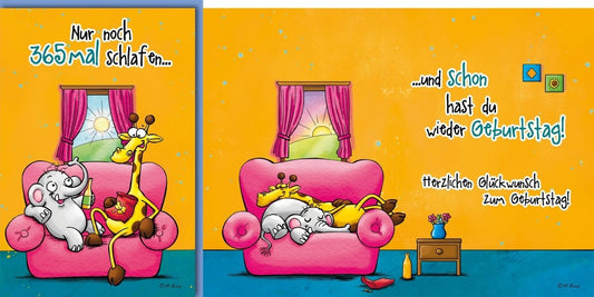 Geburtstagskarte Lustig – Giraffe und Maus auf Sofa mit Humorvollem Spruch
