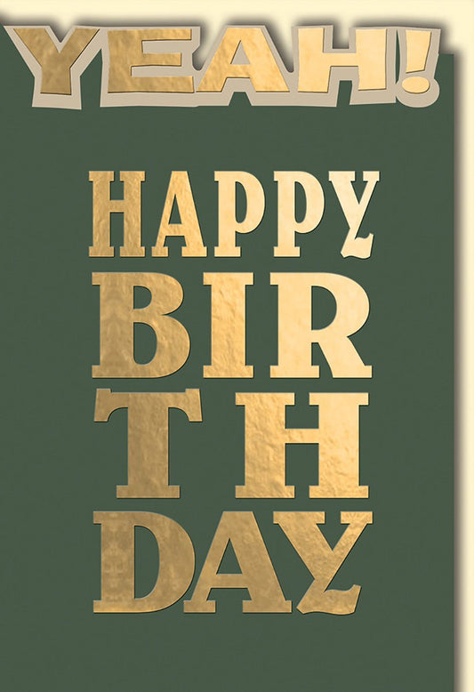 Geburtstagskarte Lustig – Goldene Buchstaben auf Grün mit "YEAH!" im Pop - Art - Stil