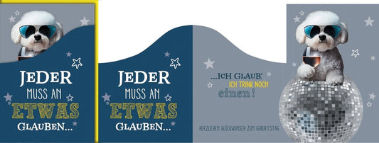 Geburtstagskarte Lustig – Hund mit Disco - Kugel und Wein in Retro - Design