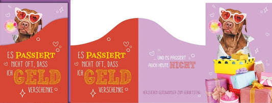 Geburtstagskarte Lustig – Hund mit Herzbrille und Geschenken in buntem Design