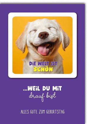 Geburtstagskarte Lustig – Lachender Hund mit Spruch auf farbenfrohem Hintergrund