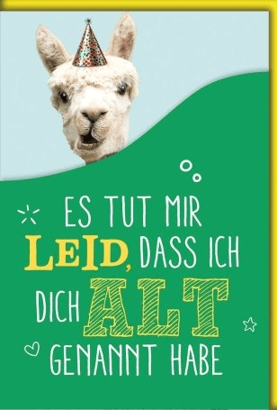 Geburtstagskarte Lustig – Lama mit Partyhut und frechem Spruch auf bunter Torte