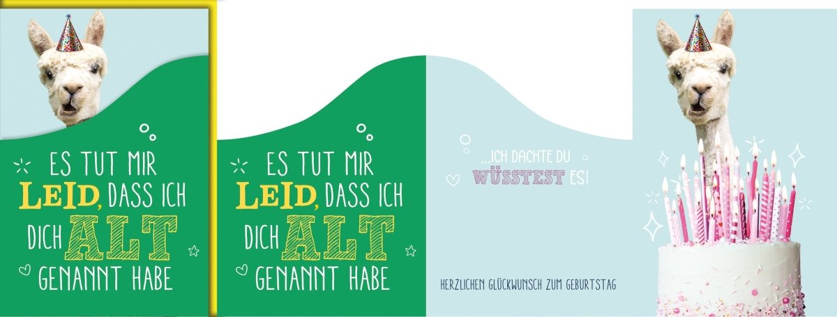 Geburtstagskarte Lustig – Lama mit Partyhut und frechem Spruch auf bunter Torte