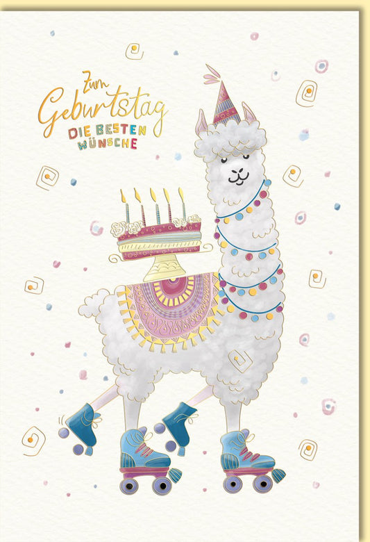 Geburtstagskarte lustig Lama mit Rollschuhen und Geburtstagstorte farbenfroh witzige Doppelkarte für Kinder und Erwachsene