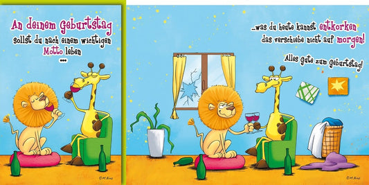 Geburtstagskarte Lustig – Löwe und Giraffe mit Wein und Humorvollem Spruch