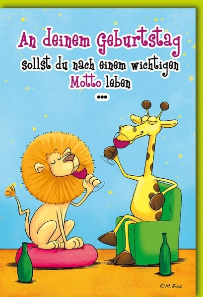 Geburtstagskarte Lustig – Löwe und Giraffe mit Wein und Humorvollem Spruch