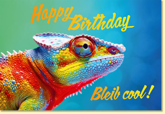 Geburtstagskarte lustig mit buntem Chamäleon und Spruch Happy Birthday Bleib cool originelle Doppelkarte zum Geburtstag