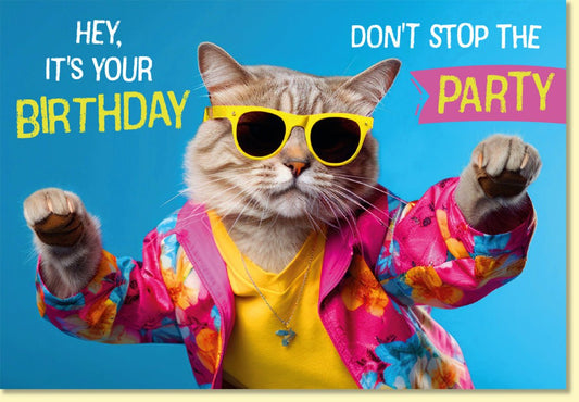 Geburtstagskarte lustig mit cooler Katze in Sonnenbrille und bunter Jacke witzige Doppelkarte zum Geburtstag für Partystimmung