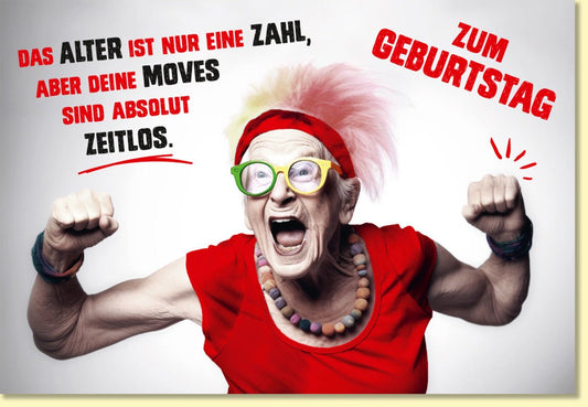 Geburtstagskarte lustig mit cooler Oma in buntem Outfit und Spruch Das Alter ist nur eine Zahl originelle Doppelkarte zum Geburtstag