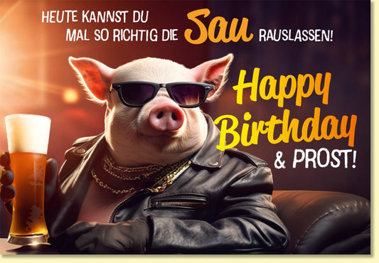 Geburtstagskarte lustig mit cooler Sau im Lederoutfit und Bier Happy Birthday Prost witzige Doppelkarte für Männer und Frauen
