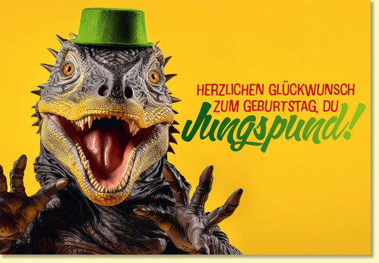 Geburtstagskarte lustig mit Dino Motiv und Spruch Herzlichen Glückwunsch zum Geburtstag du Jungspund witzige Doppelkarte für Männer