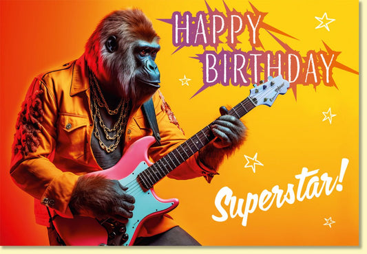 Geburtstagskarte lustig mit Gorilla als Rockstar Gitarre Happy Birthday Superstar witzige Doppelkarte für Musikfans