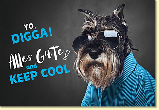 Geburtstagskarte lustig mit Hund im Hemd und Sonnenbrille coolem Spruch Yo Digga Alles Gute and Keep Cool witzige Doppelkarte