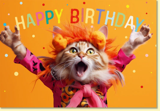 Geburtstagskarte lustig mit Katze im bunten Kostüm und Happy Birthday Schriftzug witzige Doppelkarte für Katzenliebhaber